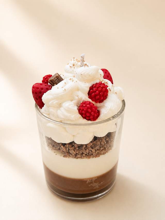 Dessert sundae candle with wax cream and berries