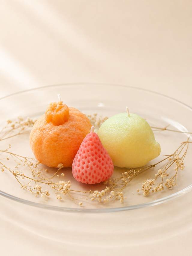 Orange, lemon and strawberry shaped candles